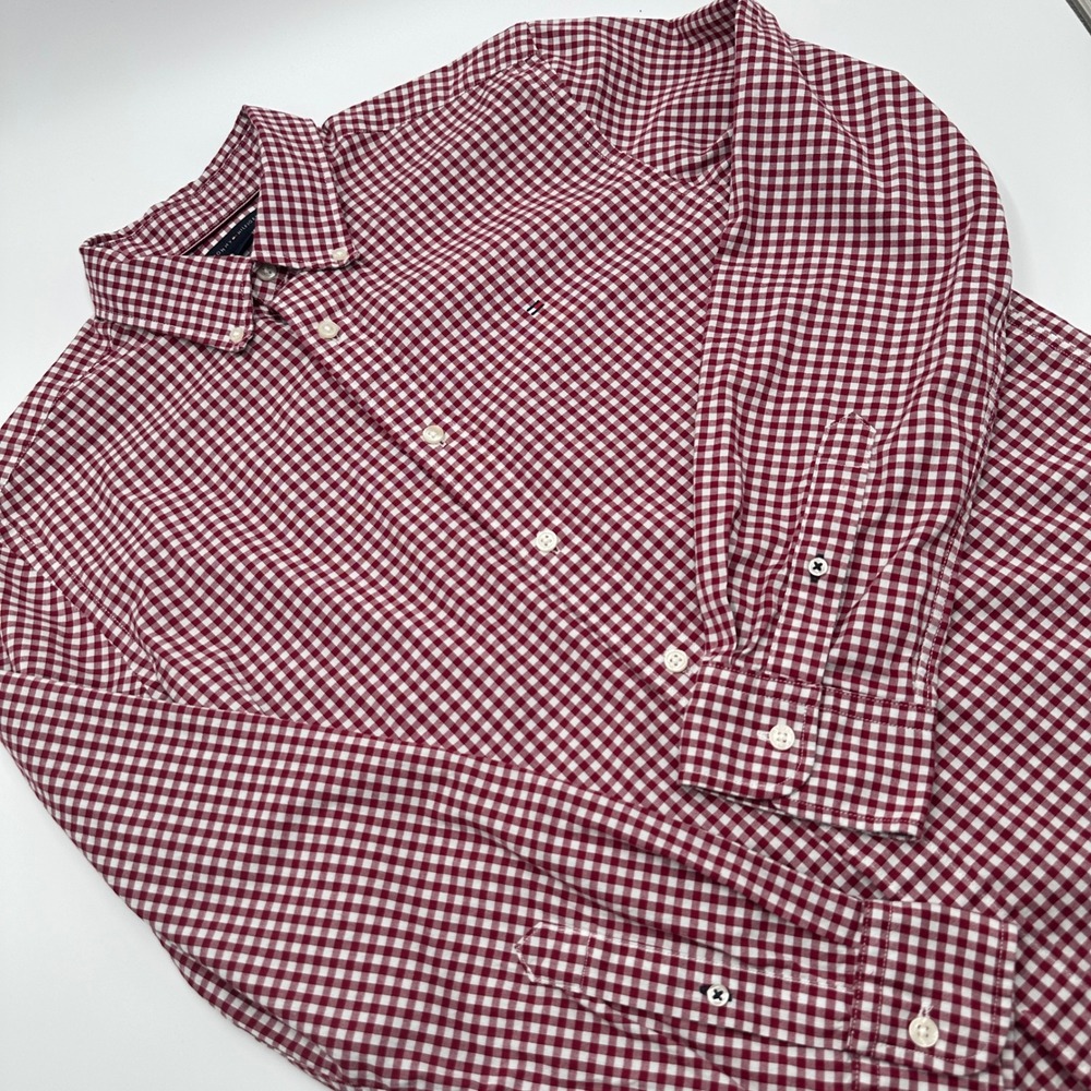 Tommy Hilfiger Button Down Mens M Red Gingham Excellent Regular Fit Stretch Logo